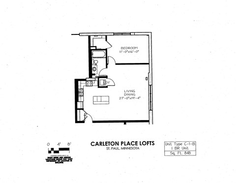 Floor plan for 1 bed, 1 bath, 848 sqft